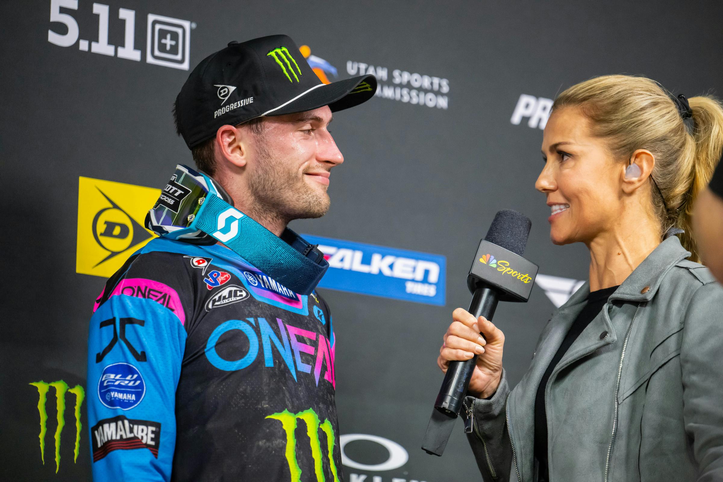 Justin Cooper had plenty to be happy about after battling his way past Eli Tomac to win the second 450SX main event.